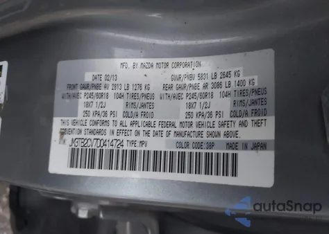 2013 Mazda Cx-9 Touring z USA, uszkodzony, nr VIN JM3TB2CV7D0414724